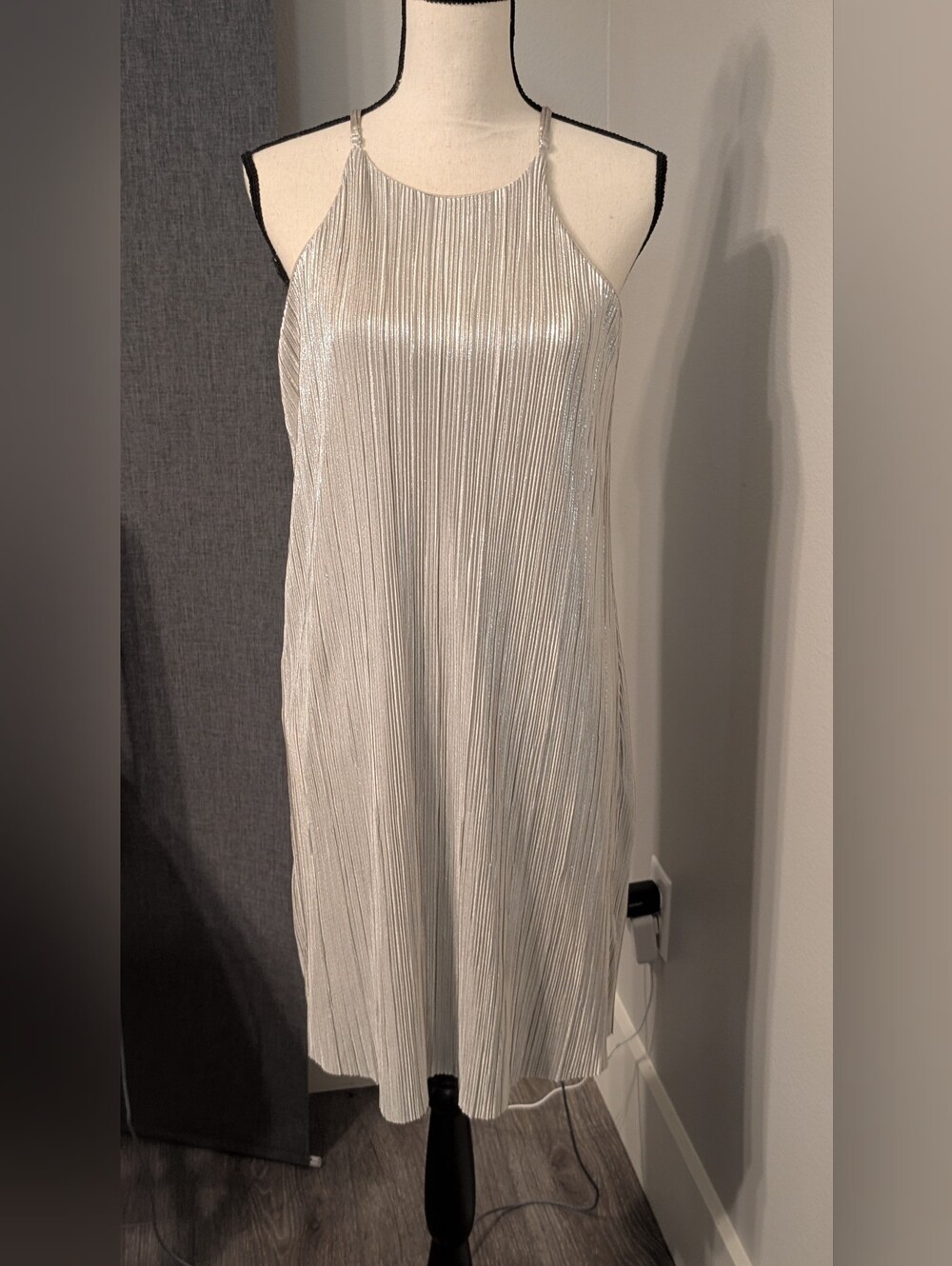 Stella Tweed Silver Metallic Pleated Slip Dress Size S